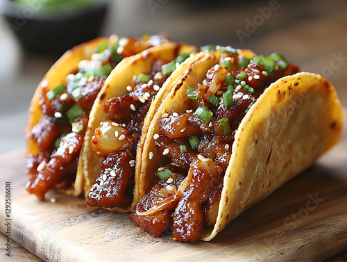 A smoky Korean bulgogi taco topped with kimchi slaw. photo