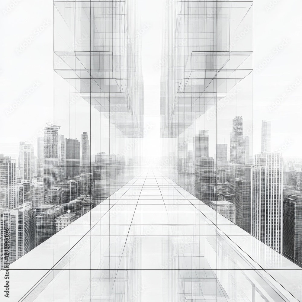 Fototapeta premium Futuristic Cityscape with Transparent Structures and Abstract Pathway in Urban Environment Featuring Skyscrapers and Modern Architecture