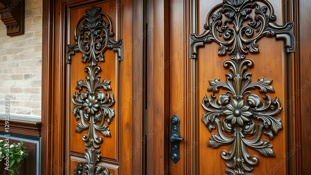 Fototapeta premium Traditional Wooden Doors with Intricate Floral Carvings on a Rustic Home