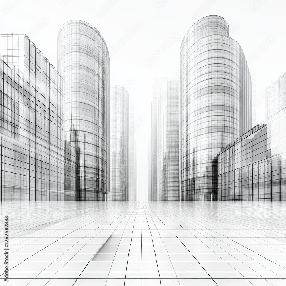 Fototapeta premium Modern Cityscape with Futuristic Skyscrapers and Abstract Architecture in Minimalist Style
