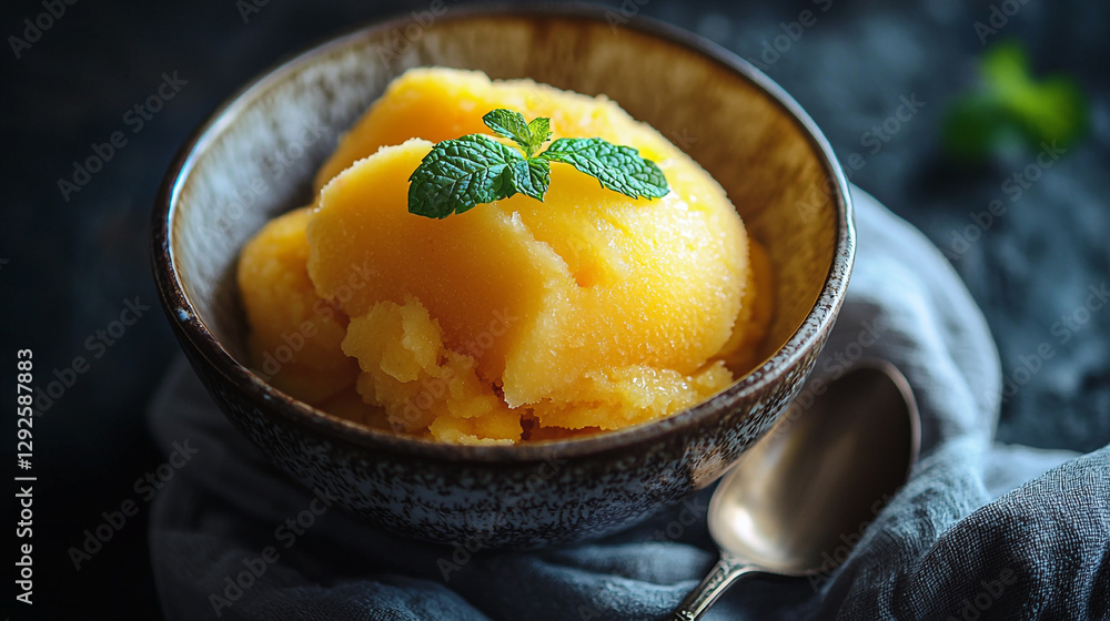 mango sorbet in a rustic bowl with mint garnish refreshing summer dessert treat icy food mango sorbet in a rustic bowl with mint garnish refreshing summer dessert treat icy food