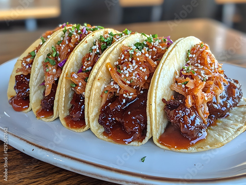 A smoky Korean bulgogi taco topped with kimchi slaw. photo