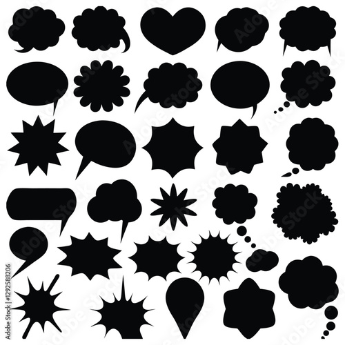 Comic speech bubbles, explosion shapes, and dialogue balloons in black silhouette. Vector cartoon elements for pop art, retro comics, and graphic design. Blank text spaces for creative designs