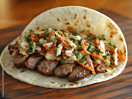 A smoky Korean bulgogi taco topped with kimchi slaw. photo