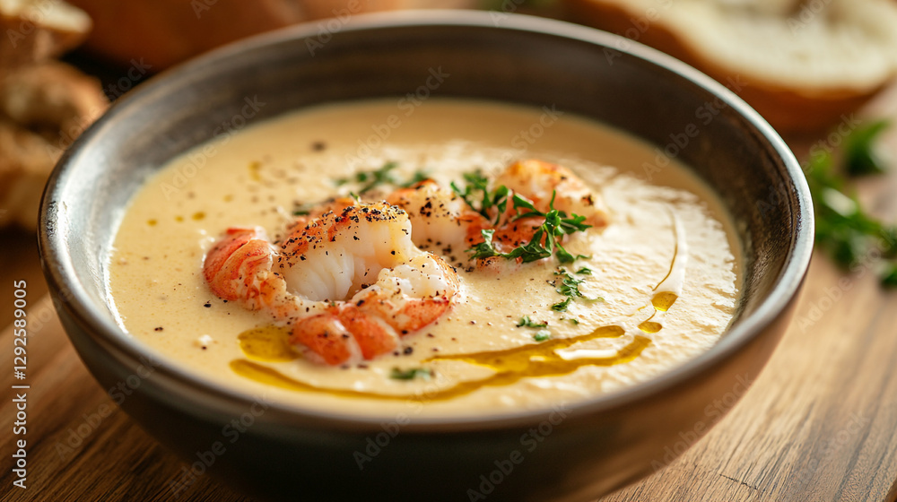creamy lobster bisque soup with fresh herbs garnish food meal bowl lunch tasty yummy plate creamy lobster bisque soup with fresh herbs garnish food meal bowl lunch tasty yummy plate