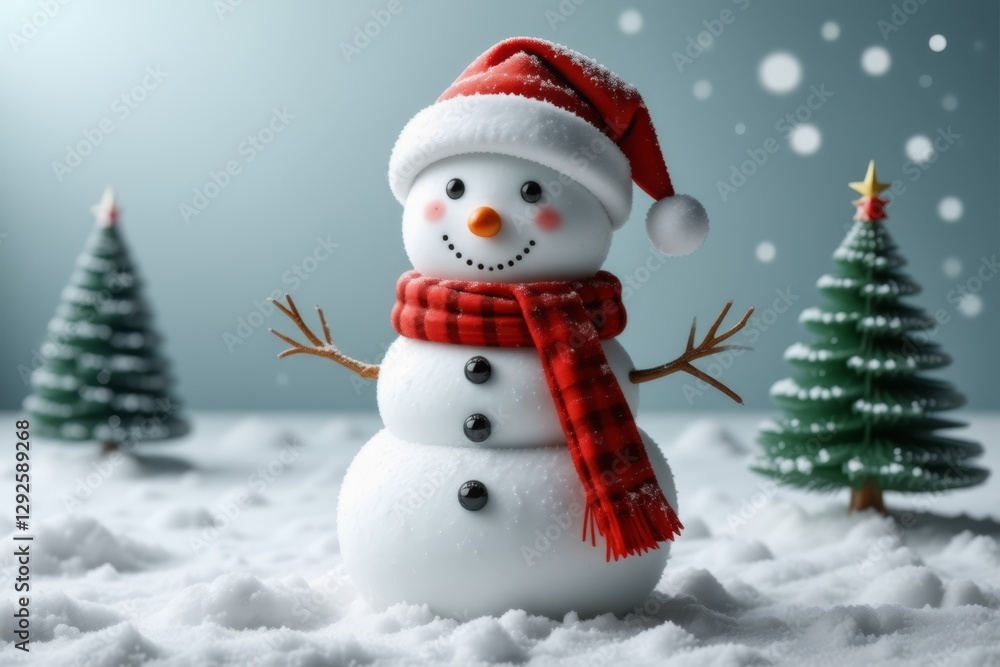 Fototapeta premium there is a snowman with a red scarf and a hat on