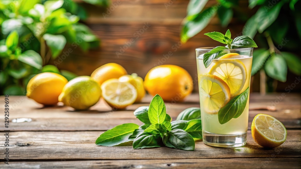 Fototapeta premium Refreshing Homemade Citrus Beverage with Basil Garnish on Rustic Wooden Surface