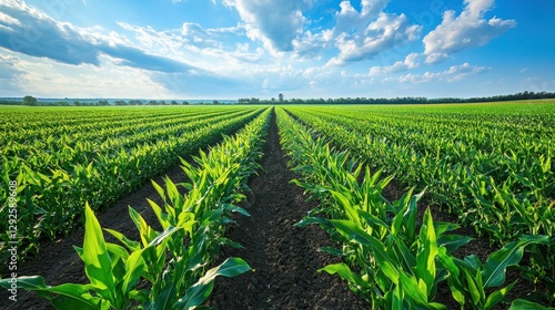 Vast cornfield under a vibrant sky, rows stretching to horizon. Illustrates agricultural abundance, perfect for farming or nature themes.