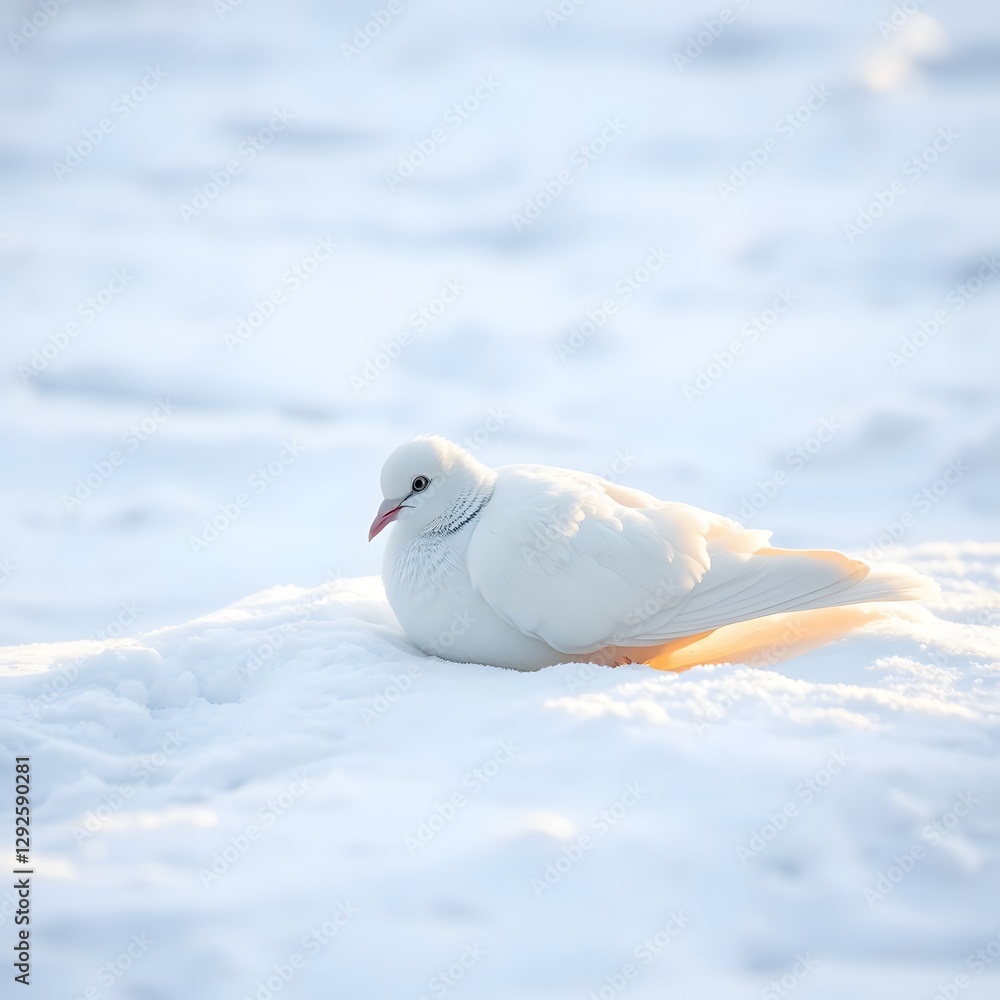 White Pigeon Gently Resting on Fresh Snow Surrounded by the Calm of Winter White Pigeon Gently Resting on Fresh Snow Surrounded by the Calm of Winter