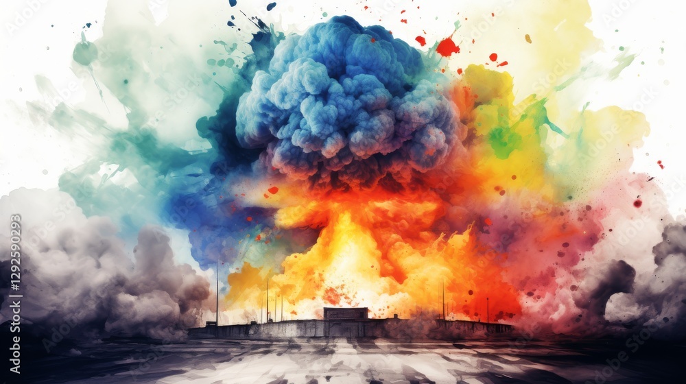 Obraz premium Colorful Watercolor Representation of Nuclear Test Site Explosion