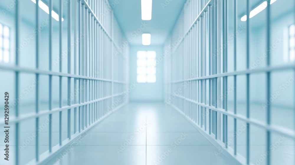 long corridor in maximum security prison with white walls and bars, creating stark and isolated atmosphere. bright lighting enhances feeling of confinement and security long corridor in maximum security prison with white walls and bars, creating stark and isolated atmosphere. bright lighting enhances feeling of confinement and security