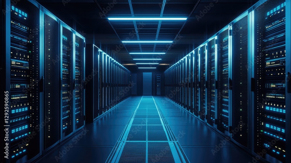 A futuristic data center with illuminated server racks and a sleek blue-lit corridor. Ideal for technology, cloud computing, and cybersecurity themes A futuristic data center with illuminated server racks and a sleek blue-lit corridor. Ideal for technology, cloud computing, and cybersecurity themes