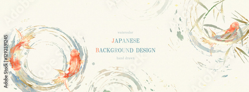 「金箔をあしらった金魚と波紋の水彩背景」ベクター、夏、暑中見舞い、イラスト