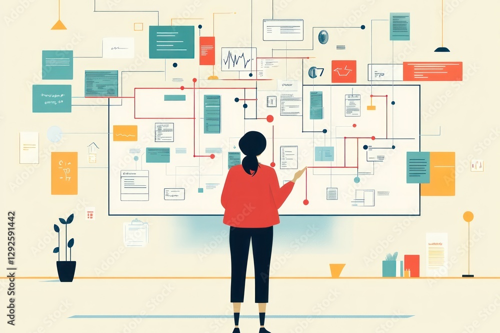 Woman reviewing complex project plan on large whiteboard. Woman reviewing complex project plan on large whiteboard.