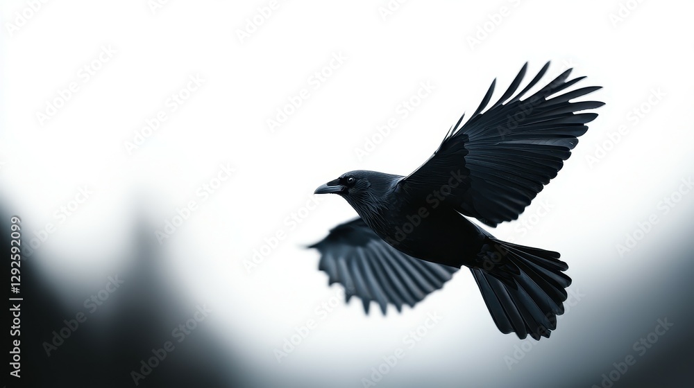 Obraz premium Black Bird in Flight Against Blurred Background Avian Elegance Soaring Through Skies Serene