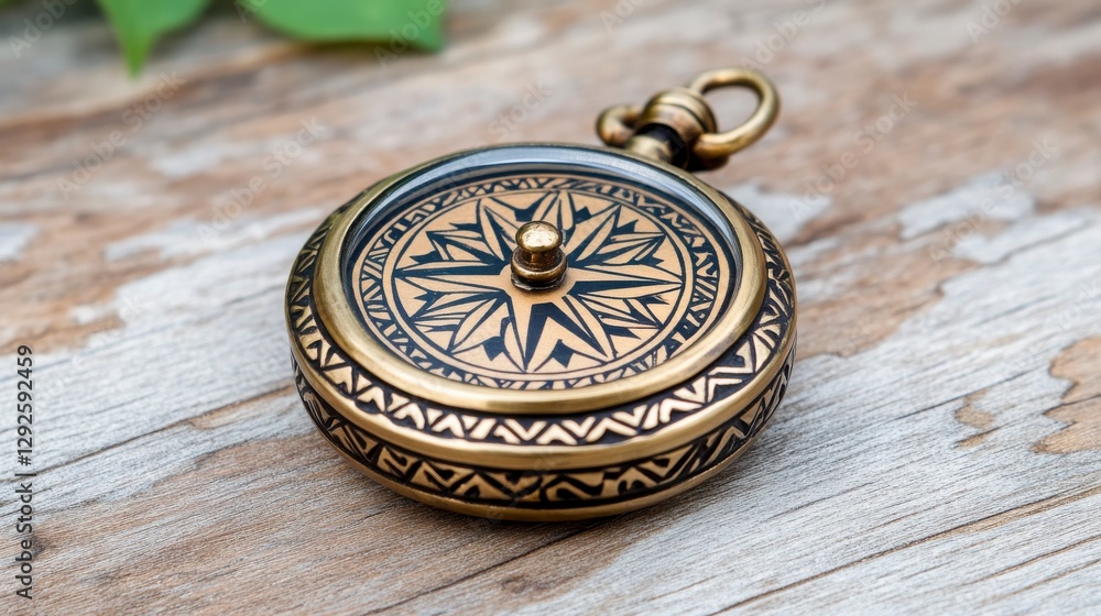 Antique Compass on Wood Surface with Intricate Design Patterns Antique Compass on Wood Surface with Intricate Design Patterns