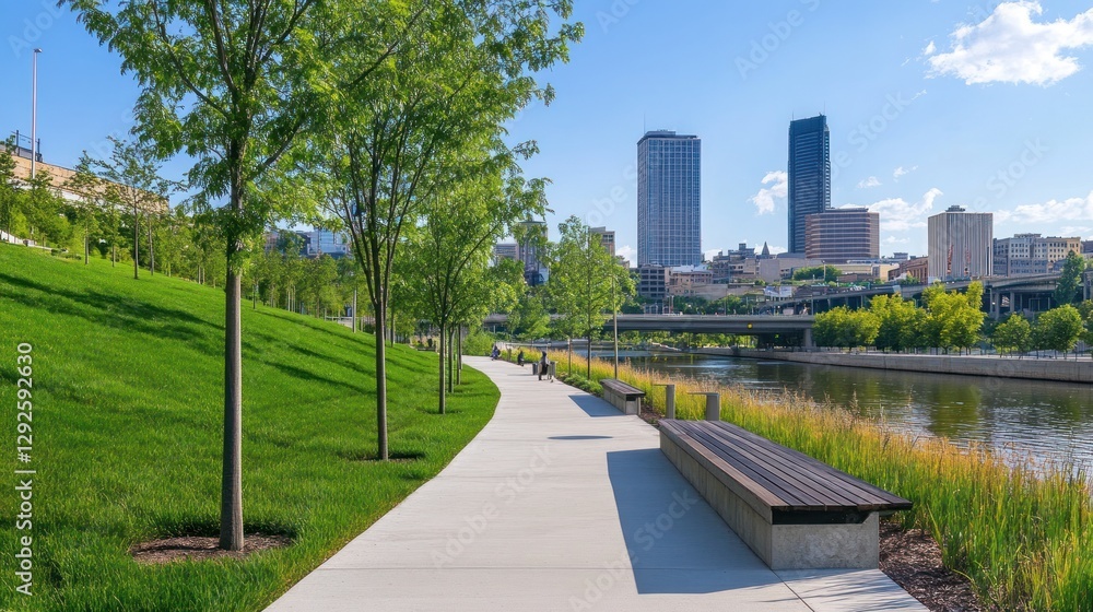 Fototapeta premium Serene Cityscape: Riverwalk Park's Tranquil Path