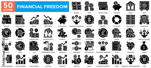 Financial Freedom icon collection set.Containing asset, investment, passive income, money, wealth, profit, savings, income, earning icon.Simple glyph vector illustration.	