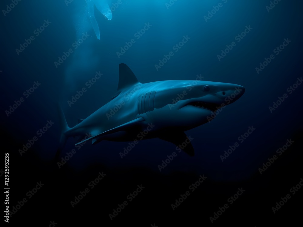 Fototapeta premium A Great White Shark Gliding Through a Dark Ocean, Surrounded by the Glow of Bioluminescent Creatures