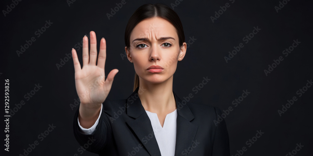 serious female business coach with raised hand, conveying message of authority and confidence. dark background emphasizes her professional demeanor and focus serious female business coach with raised hand, conveying message of authority and confidence. dark background emphasizes her professional demeanor and focus