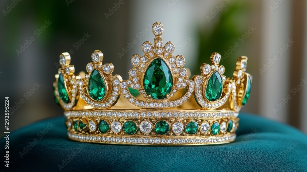 Fototapeta premium Elegant Gold Crown with Emerald and Diamond Gemstones on Display