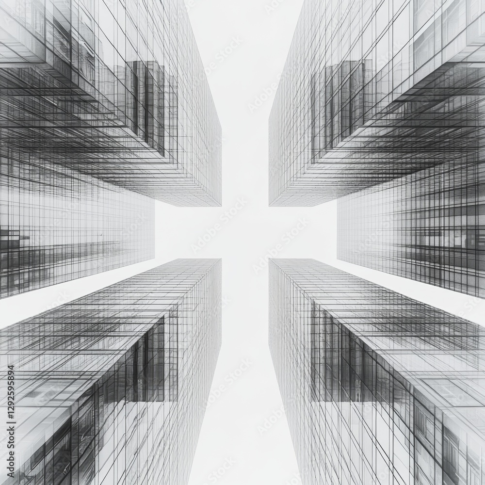 Fototapeta premium Abstract view of modern skyscrapers with reflective glass surfaces creating a striking geometric pattern in an urban environment