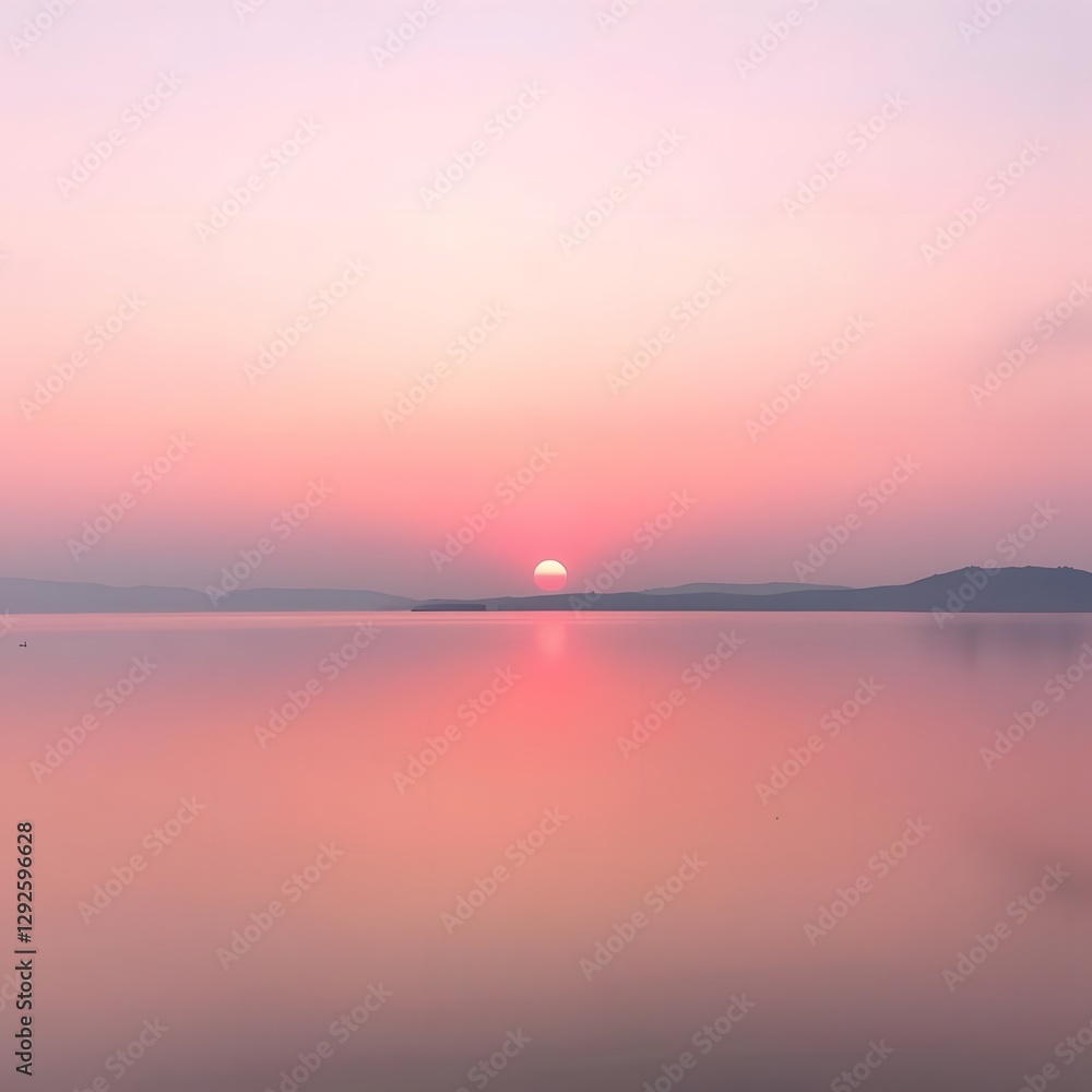 Fototapeta premium A lake bathed in soft pink and lavender sunset light, with the sun setting behind distant hills, creating soft shadows across the