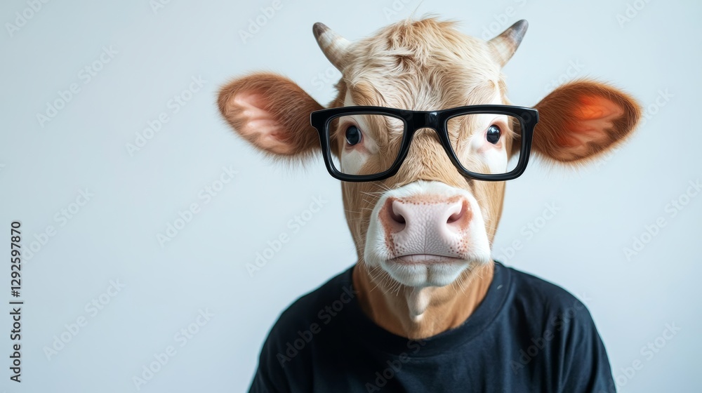 Fototapeta premium a cow is wearing a black t-shirt and glasses