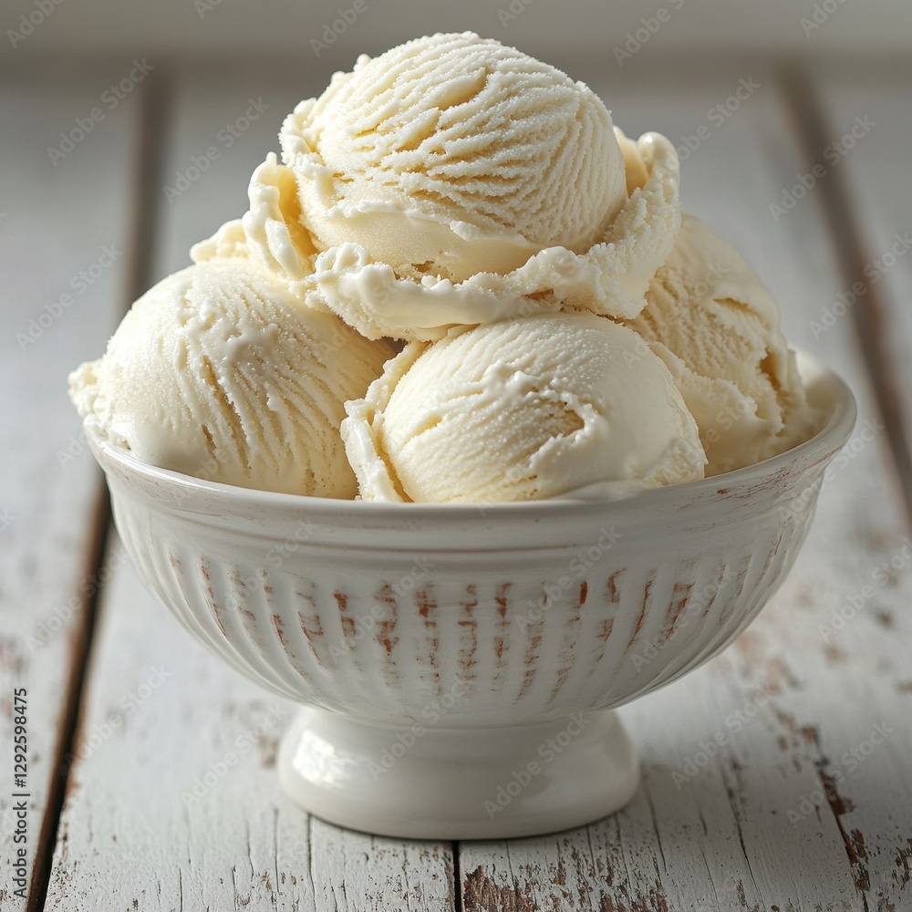 Creamy Vanilla Ice Cream Scoops in a Decorative Bowl on a Rustic Wooden Table Setting Perfect for Summertime Treats and Dessert Recipes Creamy Vanilla Ice Cream Scoops in a Decorative Bowl on a Rustic Wooden Table Setting Perfect for Summertime Treats and Dessert Recipes