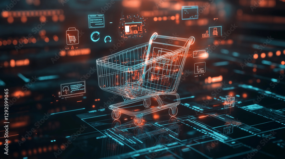 Digital shopping cart concept virtual marketplace graphic illustration futuristic environment tech perspective Digital shopping cart concept virtual marketplace graphic illustration futuristic environment tech perspective