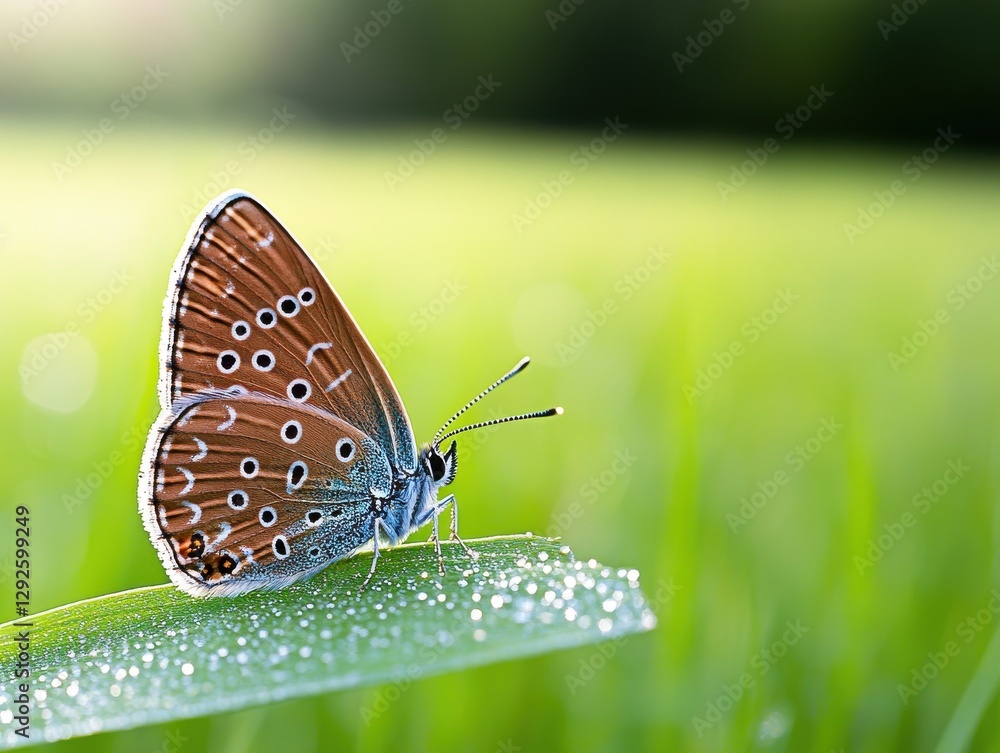 Obraz premium Beautiful butterfly perched on a dew-covered green leaf