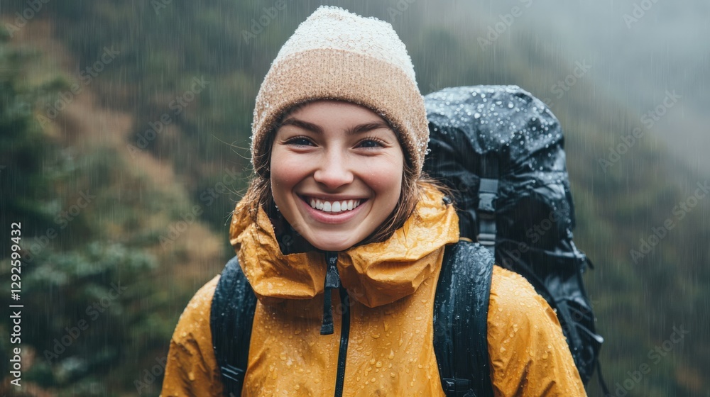 A hiker smiling despite being soaked, embracing the adventure and wild nature A hiker smiling despite being soaked, embracing the adventure and wild nature