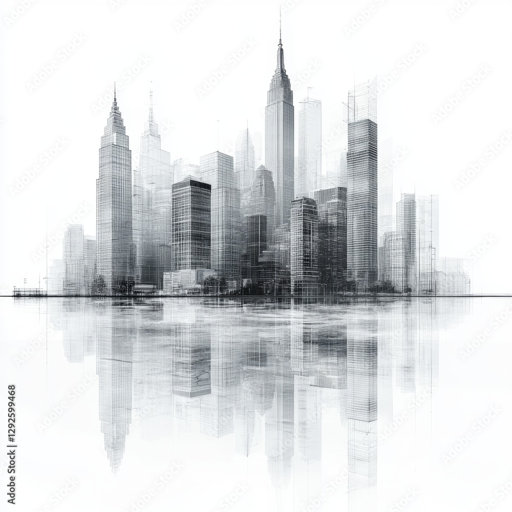 Fototapeta premium Abstract artistic city skyline with high-rise buildings and reflections in monochrome color scheme, evoking modern urban atmosphere and architectural beauty