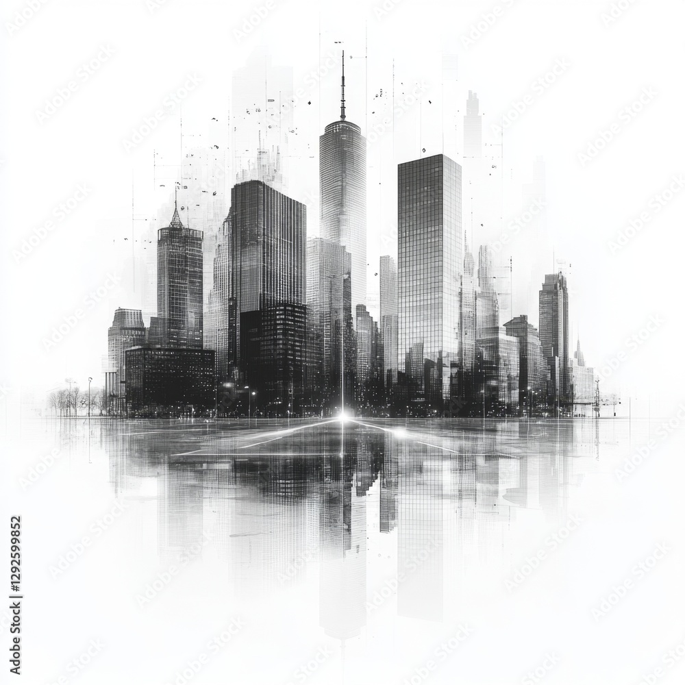 Fototapeta premium Modern city skyline with abstract digital overlay in monochrome shades reflected on a tranquil surface showcasing urban architecture and innovative design concepts