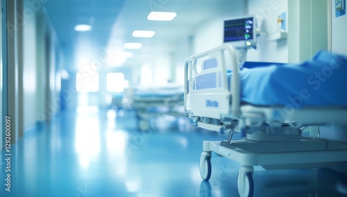 Hospital hallway with medical beds, blurred background,  monitoring equipment photo