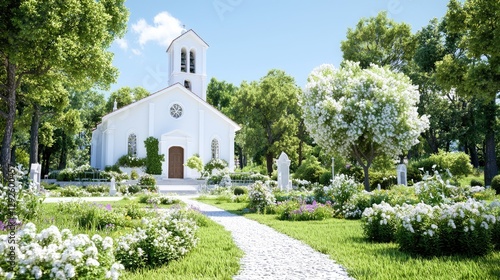 Peaceful church garden, sunny day, floral path, wedding backdrop
