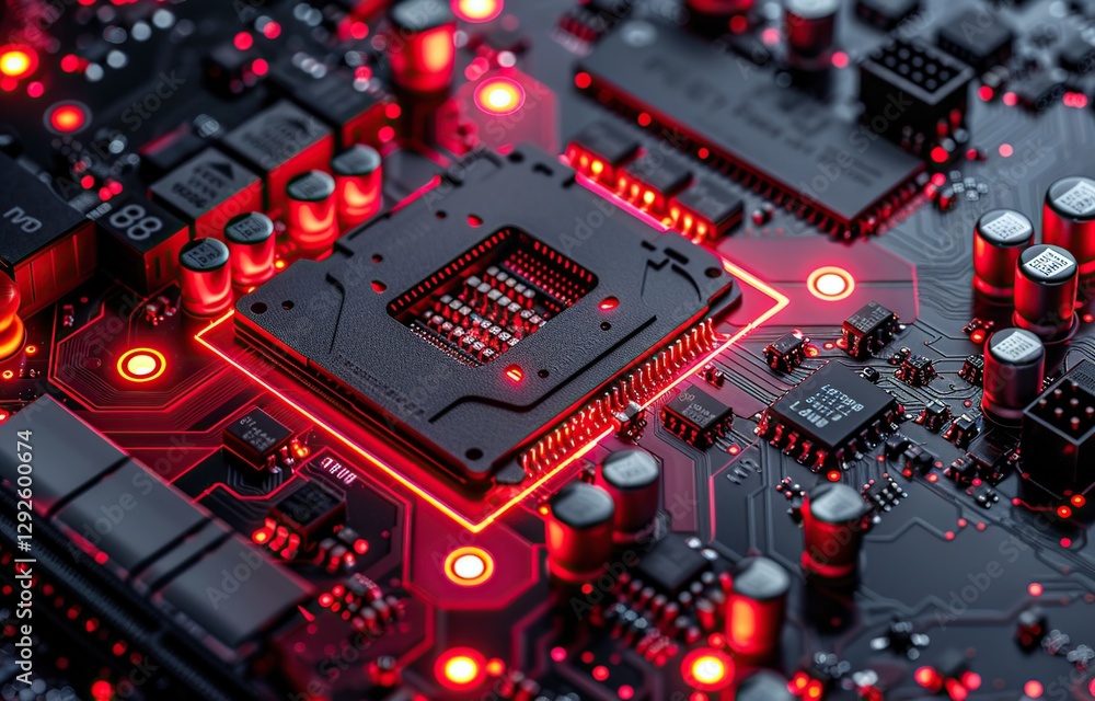 Fototapeta premium The bright red circuit board of the motherboard of a complex electronic computer machine