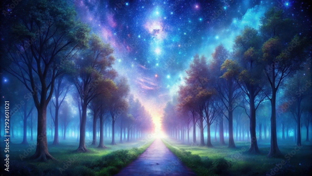 Mystical Path Through an Enchanting Forest Under a Starlit Sky, Leading to a Glimmering Horizon