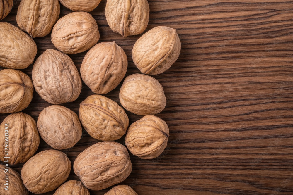 Walnuts on wooden surface, showcasing their natural texture and color. arrangement highlights organic shapes and patterns of nuts, creating warm and inviting atmosphere Walnuts on wooden surface, showcasing their natural texture and color. arrangement highlights organic shapes and patterns of nuts, creating warm and inviting atmosphere