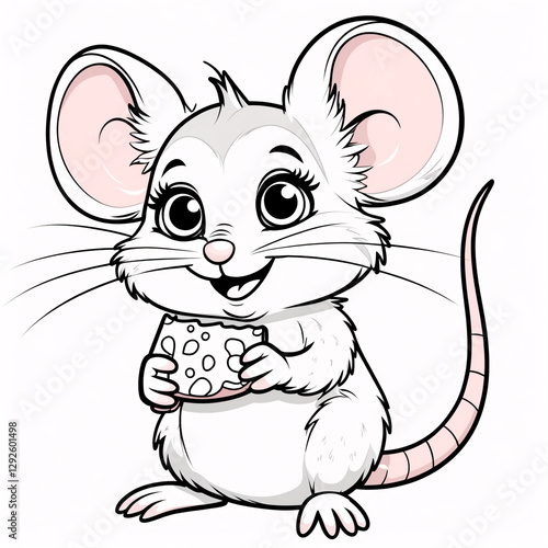 Adorable Mouse Line Art with Playful Expression for Kids Book Covers and Interactive Coloring Pages for Creative Exploration Drawing Illustration with Heart and Flowers Garden photo