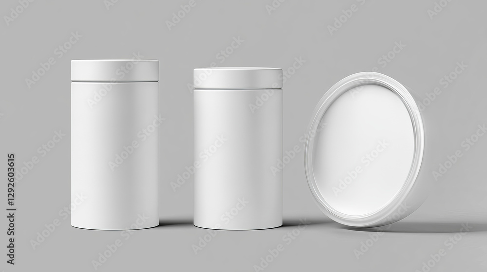 White paper tube, cardboard cylinder box with closed and open cap. Vector realistic mockup of carton round container, blank package tubus for food isolated on gray background White paper tube, cardboard cylinder box with closed and open cap. Vector realistic mockup of carton round container, blank package tubus for food isolated on gray background