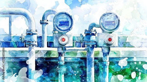Water meter gauges on blue pipes, set against a soft, colorful background, showcasing a blend of water and light in a vibrant, artistic style.