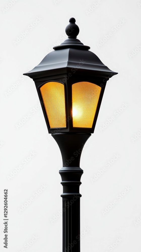 Illuminated Old Fashioned Lamppost with Decorative Fixture Emitting Warm Glow on White Background Illuminated Old Fashioned Lamppost with Decorative Fixture Emitting Warm Glow on White Background