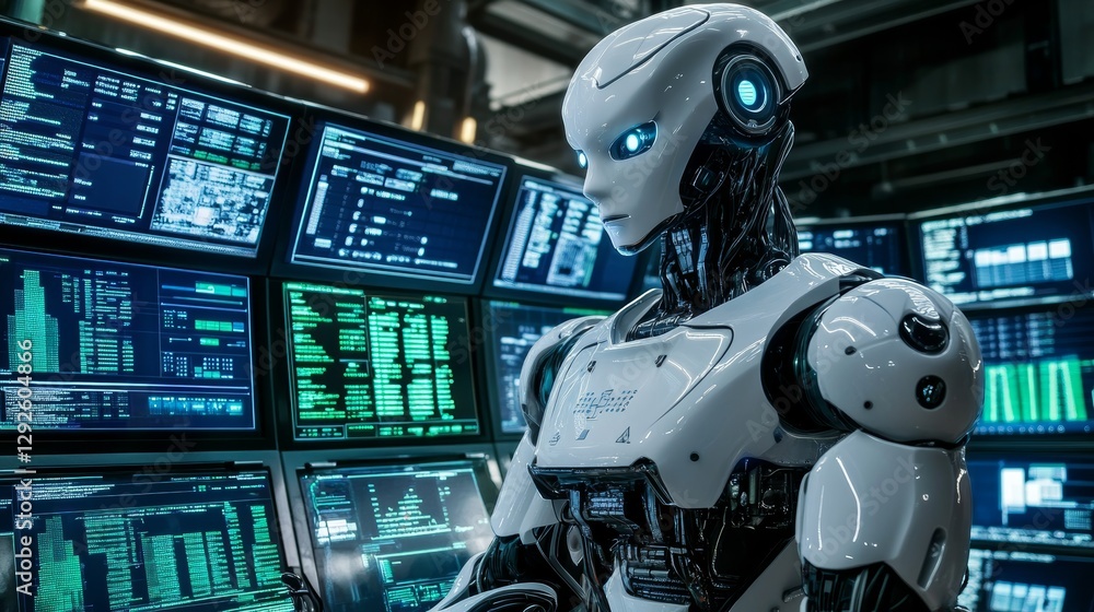 Fototapeta premium Robot Analyst: Data Screens