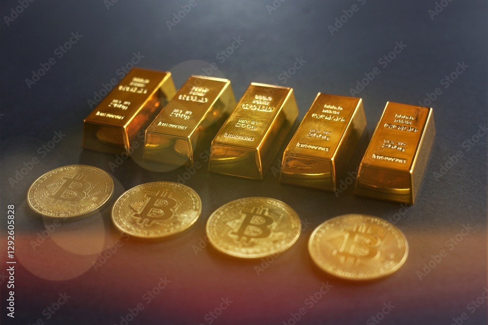 Stacking gold bars and bitcoins on black background Stacking gold bars and bitcoins on black background