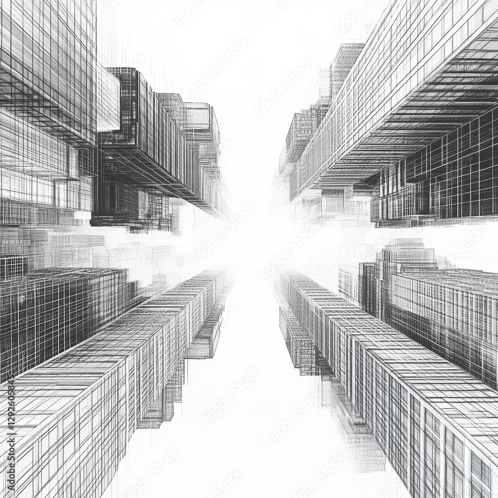 Fototapeta premium Abstract Perspective of Futuristic Cityscape with Skyscrapers and Monochrome Grid Design in Three-Dimensional View