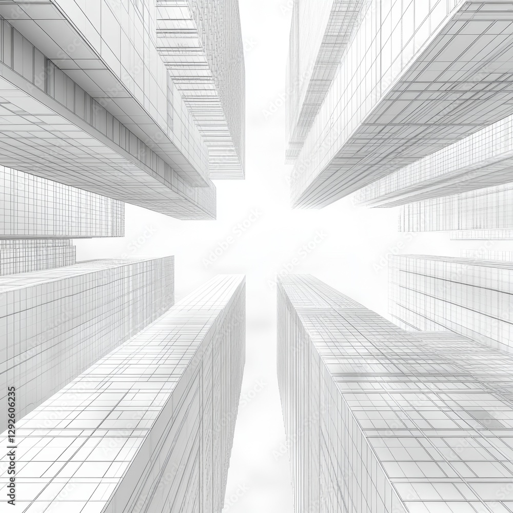 Fototapeta premium Abstract Perspective of Modern Skyscrapers Reaching into the Sky with Glass Facades and Reflection in a Urban Landscape