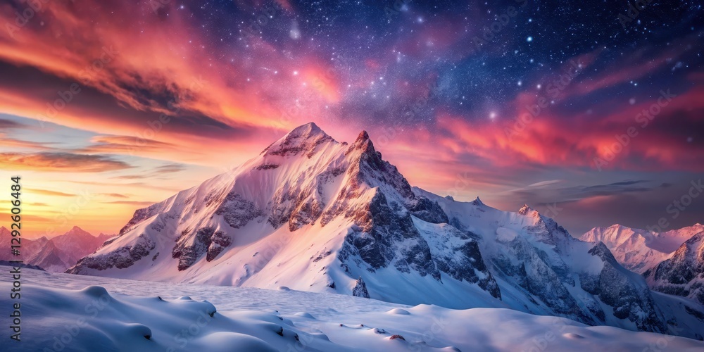Obraz premium Majestic snow-capped peaks bathed in the warm glow of a vibrant sunset, under a breathtaking starry sky, a picturesque winter wonderland scene.