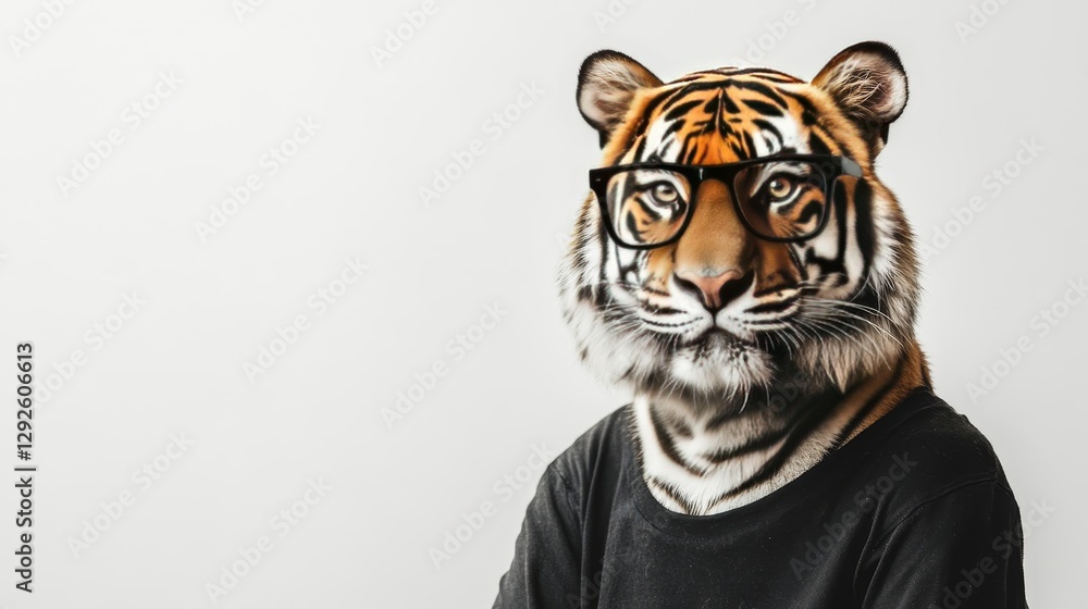 Fototapeta premium A tiger with black t-shirt and glasses
