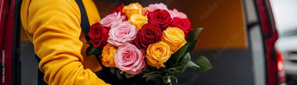 Vibrant Bouquet of Roses Held by Person in Yellow Sweater for Delivery or Special Occasion Vibrant Bouquet of Roses Held by Person in Yellow Sweater for Delivery or Special Occasion